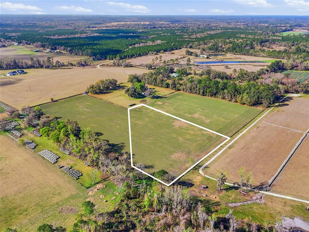 An aerial view shows a large, open grassy field outlined in white on rural land — NW COUNTY RD 239, ALACHUA, FL