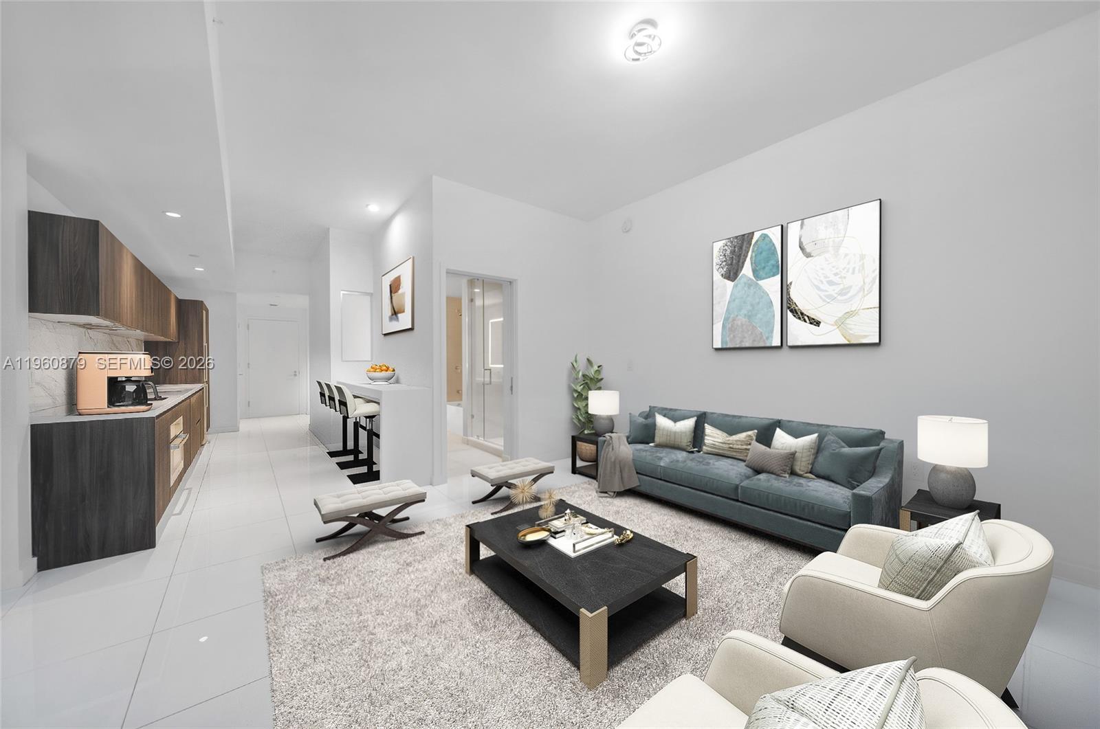 This is a digital rendering of a modern open-concept living room and kitchen area — 851 NE 1st Ave # 204, Miami FL 33132, MIAMI, FL