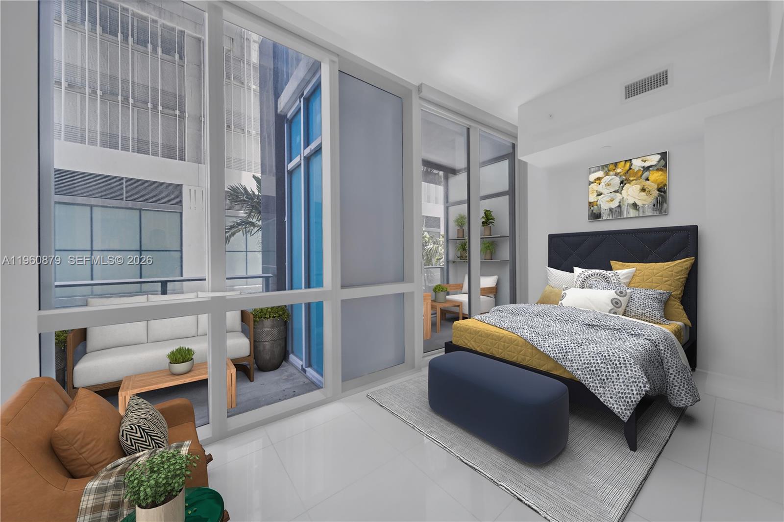 This rendering shows a modern bedroom with a private balcony, white tile floors, and furniture — 851 NE 1st Ave # 204, Miami FL 33132, MIAMI, FL
