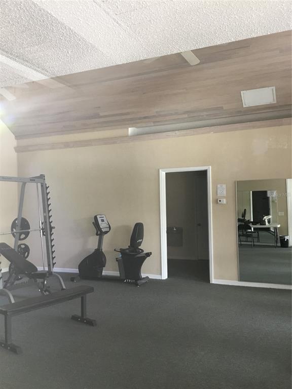 A gym room features a vaulted wood-paneled ceiling, carpeted flooring, exercise equipment, and a mirror — 3705 SW 27TH STREET UNIT 422, GAINESVILLE, FL