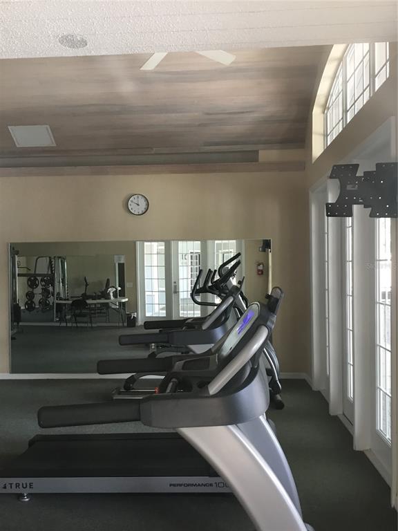 A gym features several treadmills, a large wall mirror, and a vaulted ceiling — 3705 SW 27TH STREET UNIT 422, GAINESVILLE, FL