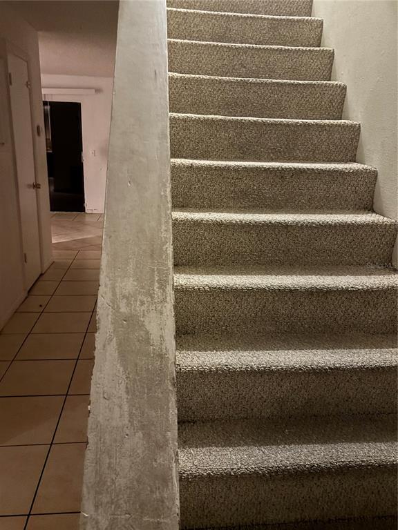 A carpeted staircase with a painted wooden handrail leads to an upper floor — 3401 SUNRISE VILLAS COURT S, TAMPA, FL