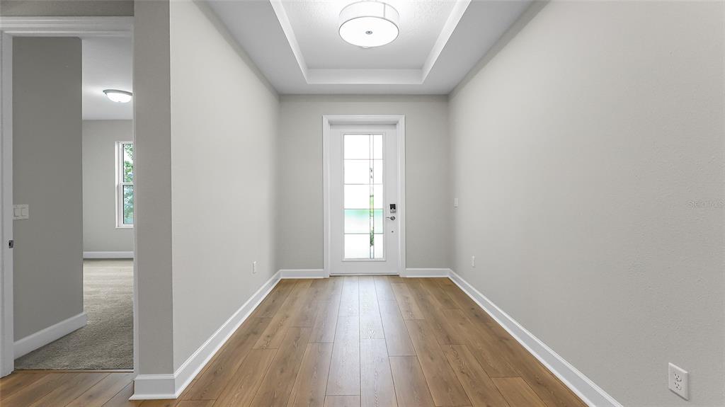An entryway features light wood-look flooring, a tray ceiling with a light fixture, and a door — 1613 BELLAGIO LOOP, TAVARES, FL