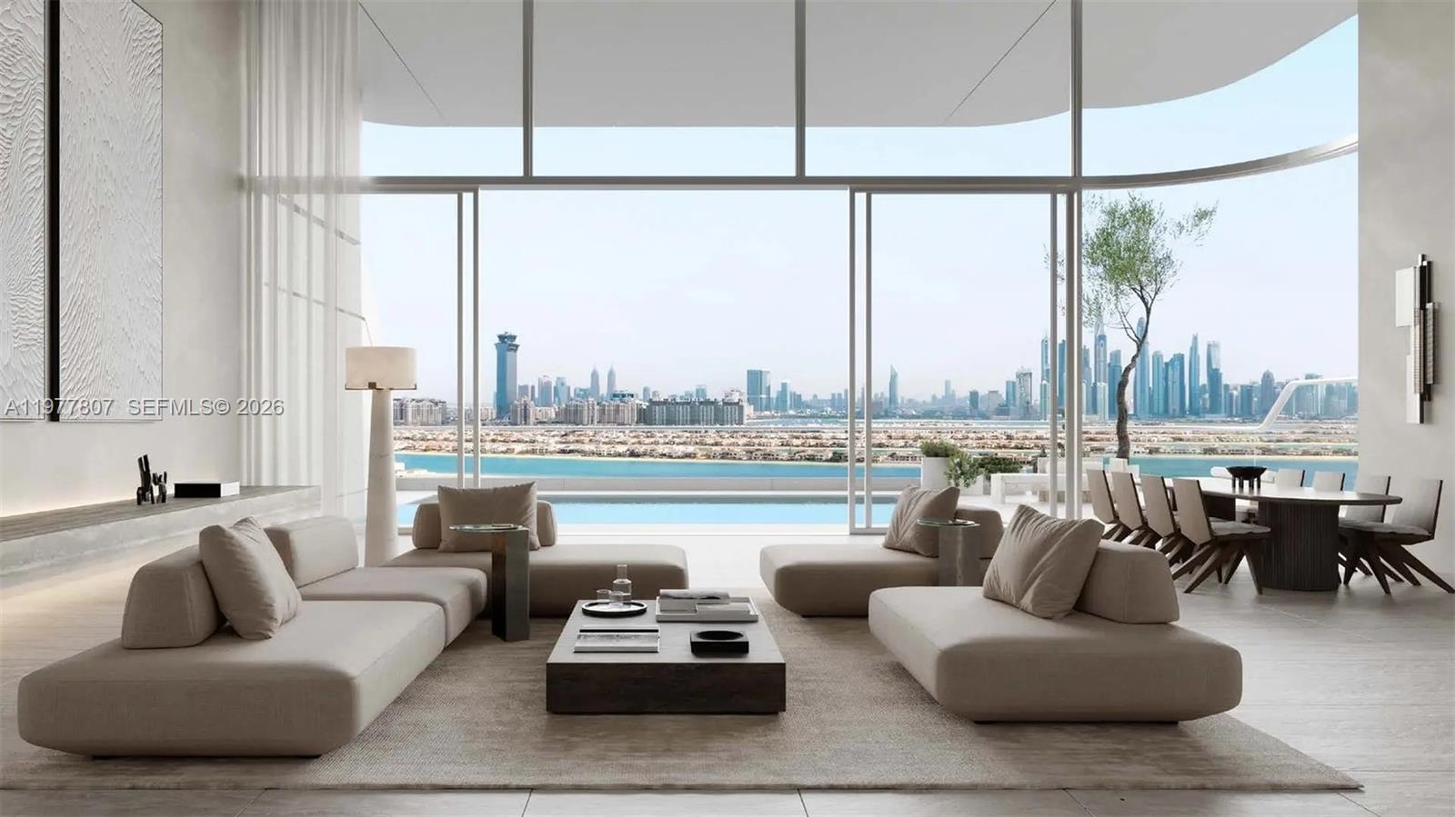 This rendering shows a modern living room with floor-to-ceiling windows overlooking a city skyline — 7A Crescent West # 00, Dubai, FL