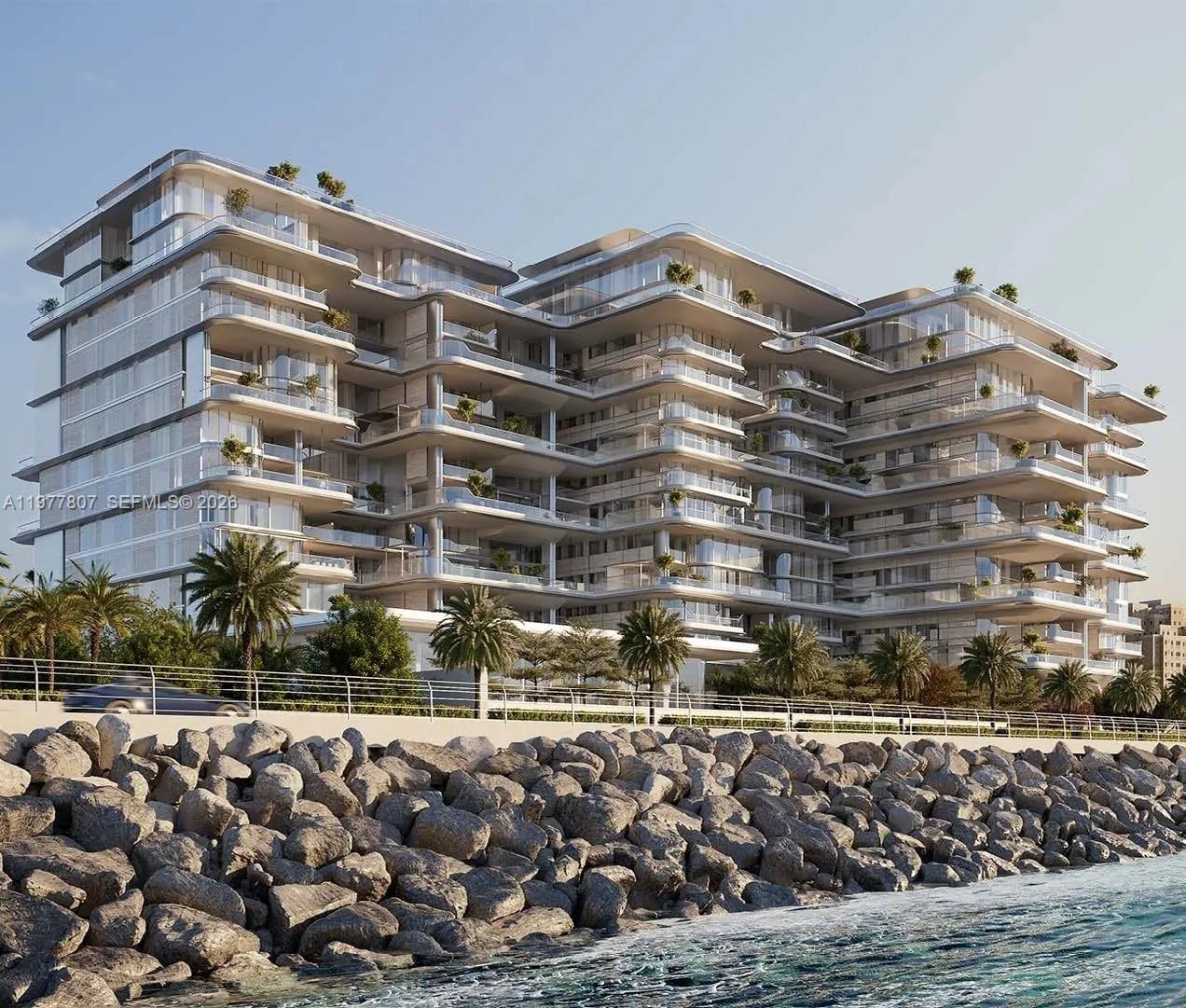 This is a rendering of a modern, multi-story residential building with tiered balconies and palm trees — 7A Crescent West # 00, Dubai, FL