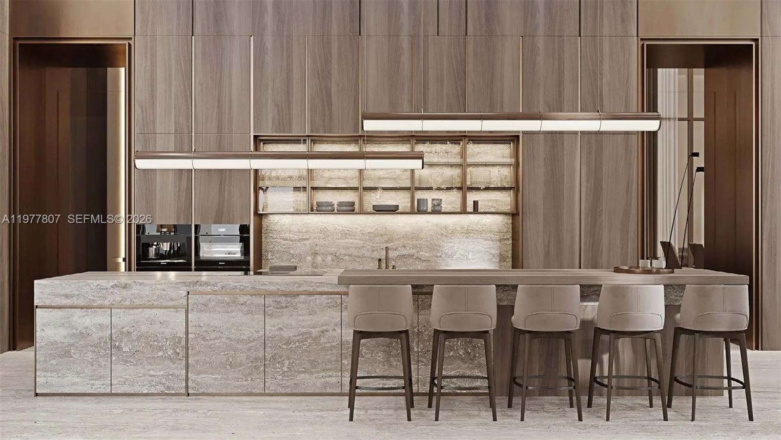 This rendering shows a modern kitchen with stone countertops, wood cabinetry, and five bar stools — 7A Crescent West # 00, Dubai, FL