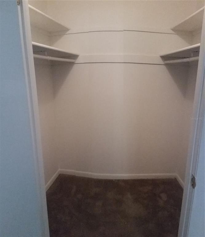 A walk-in closet features white walls, carpeted flooring, and built-in shelving with hanging rods — 7312 BALBOA DRIVE UNIT 7312, ORLANDO, FL