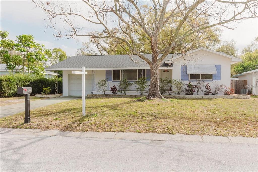 A single-story house with a white exterior, blue accents, and a large tree in front — 103 N METEOR AVENUE, CLEARWATER, FL