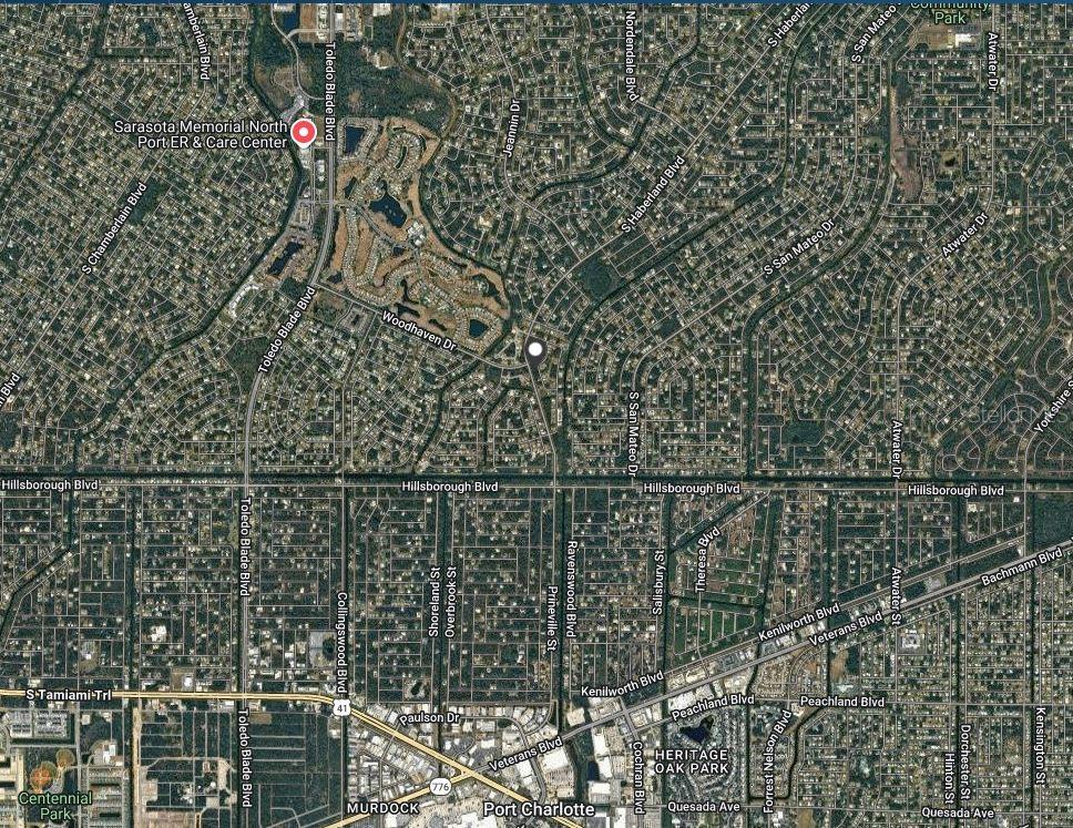 This is an aerial map view of a residential neighborhood in Port Charlotte, Florida — IRDELL TERRACE, NORTH PORT, FL