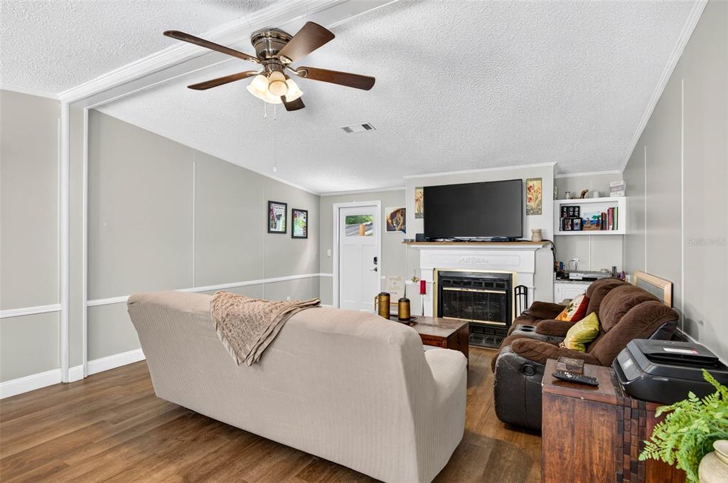 A living room features a beige sofa, brown recliner, fireplace, and a ceiling fan — 12641 IDLEWOOD DRIVE, THONOTOSASSA, FL
