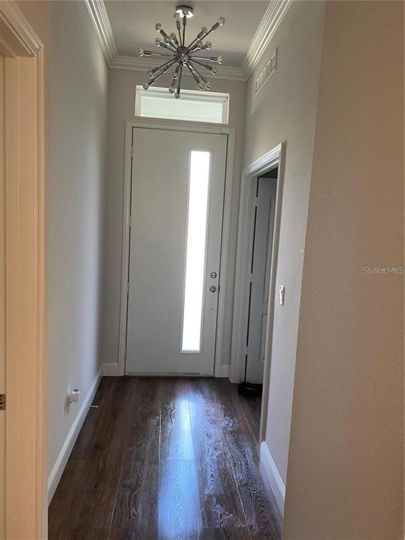 A foyer features wood-look flooring, a modern sputnik chandelier, and a white front door — 6487 SW 74TH DRIVE, GAINESVILLE, FL