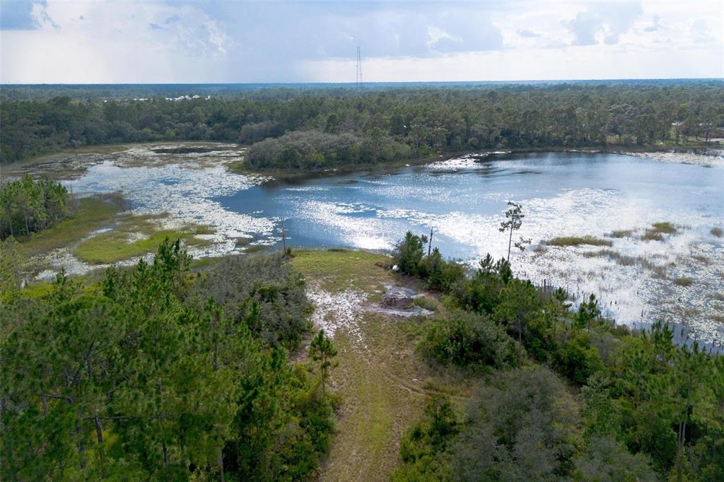 An aerial view shows a grassy clearing surrounded by pine trees next to a lake — 826 FRONTIER TRAIL, OSTEEN, FL