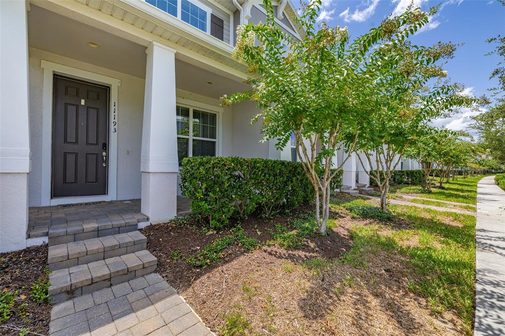 A brown front door with a stone walkway and landscaping in front of a house — 11193 HANLON TERRACE ALLEY, WINTER GARDEN, FL
