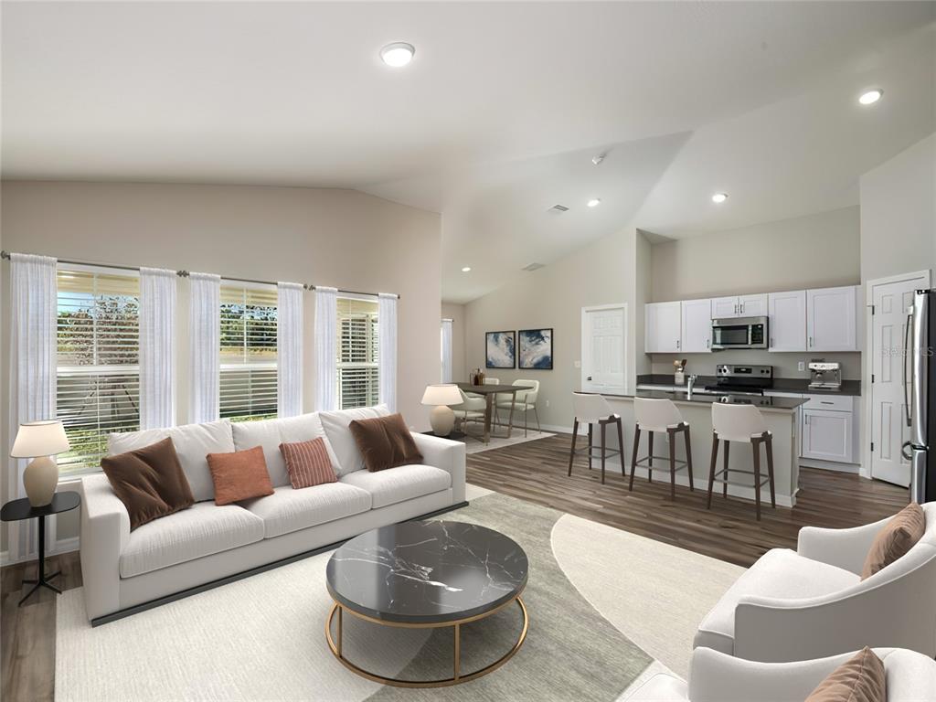 This is a digital rendering of an open-concept living room and kitchen with white cabinetry — 5816 HEAVEN ROAD, HAINES CITY, FL