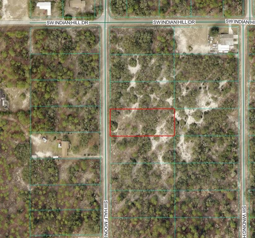 This is an aerial map showing a vacant, rectangular lot outlined in red — Lot 27 SW HALF MOON DRIVE, DUNNELLON, FL