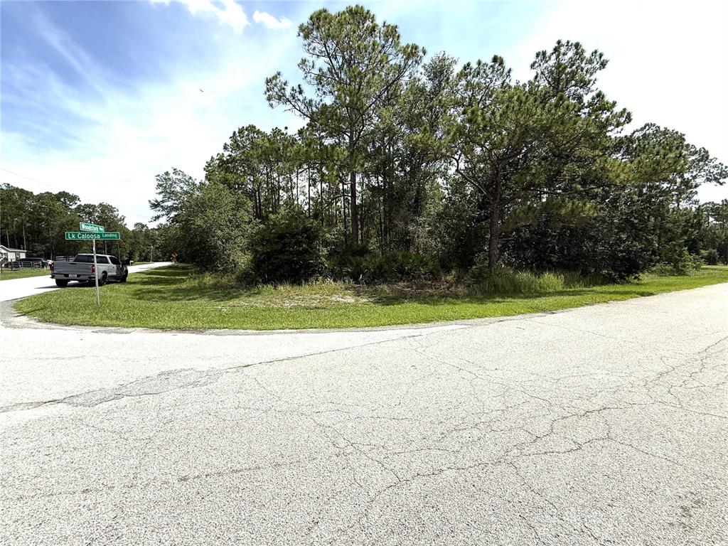 A vacant, wooded corner lot sits at the intersection of two paved residential streets — 0 LAKE CALOOSA LANDING, FROSTPROOF, FL