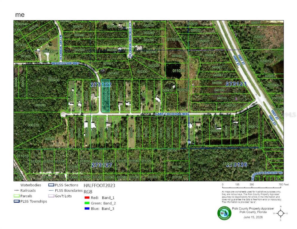 This is a property tax map showing parcel boundaries, road names, and land sections — 0 LAKE CALOOSA LANDING, FROSTPROOF, FL