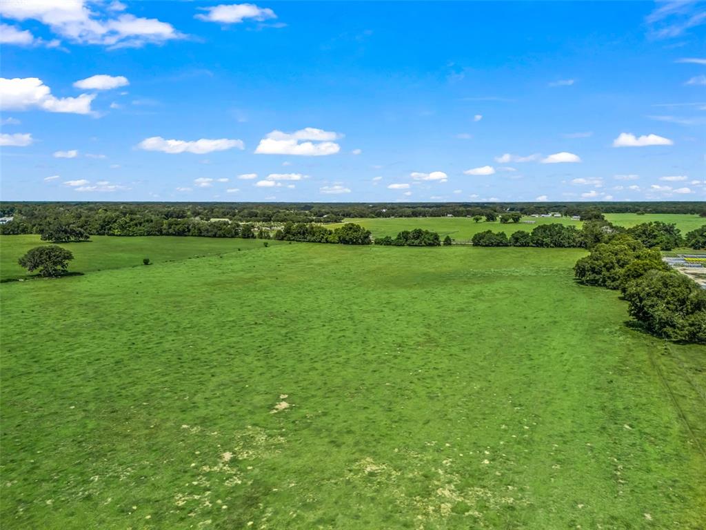 An aerial view shows a large, open green pasture bordered by trees under a blue sky — 12604 COUNTY ROAD 103, OXFORD, FL