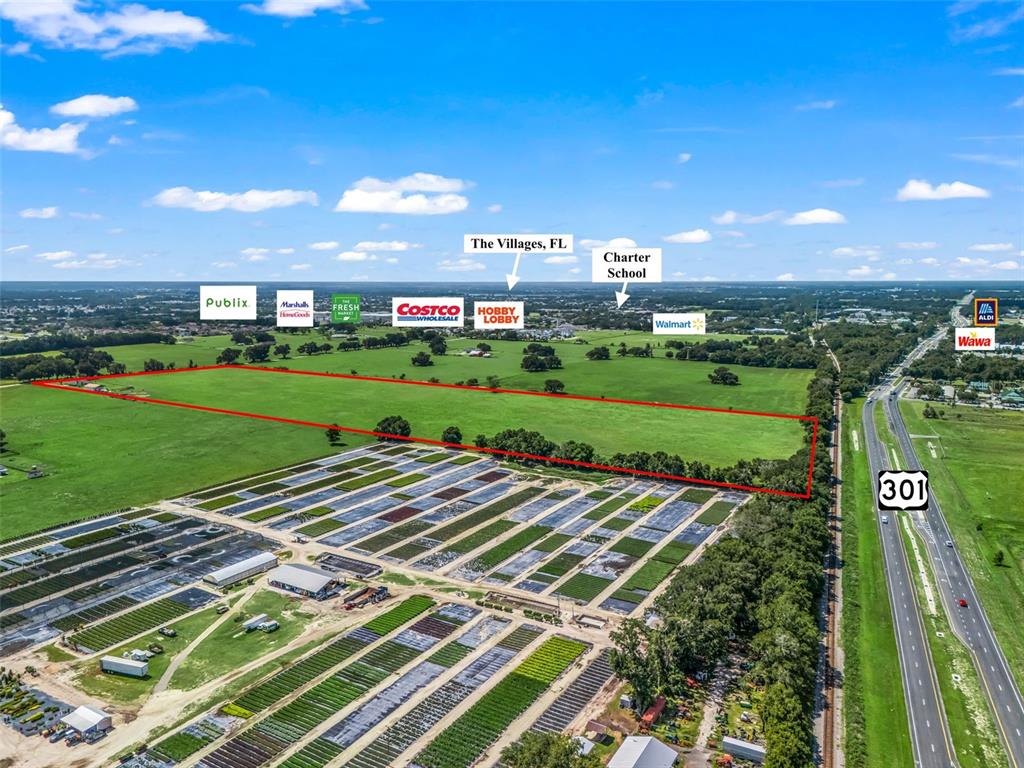 This aerial map shows a large, undeveloped field outlined in red near a highway — 12604 COUNTY ROAD 103, OXFORD, FL