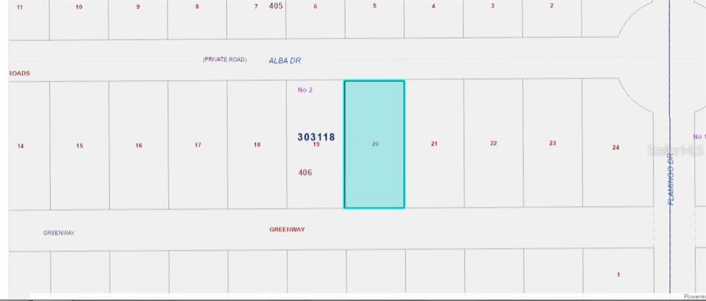 This is a map showing a highlighted rectangular land parcel labeled 20 between other lots — 709 ALBA DRIVE, INDIAN LAKE ESTATES, FL