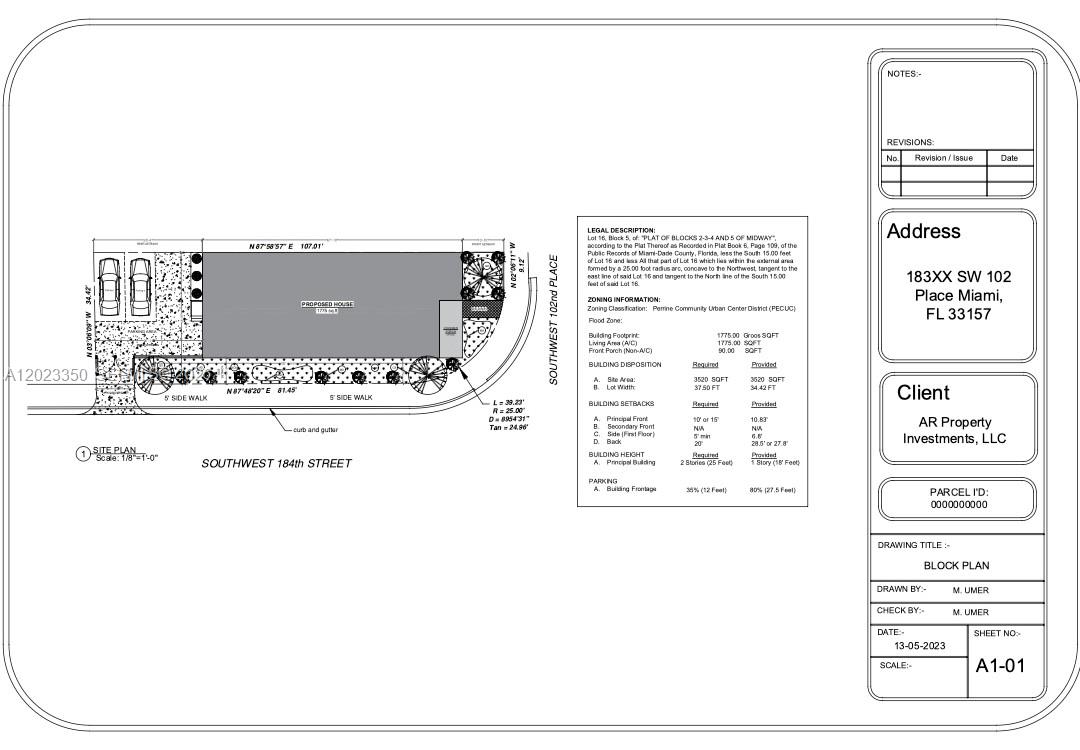 This is a site plan drawing for a residential property showing the proposed house footprint — 184 ST SW 102 PL, Miami FL 33157, MIAMI, FL