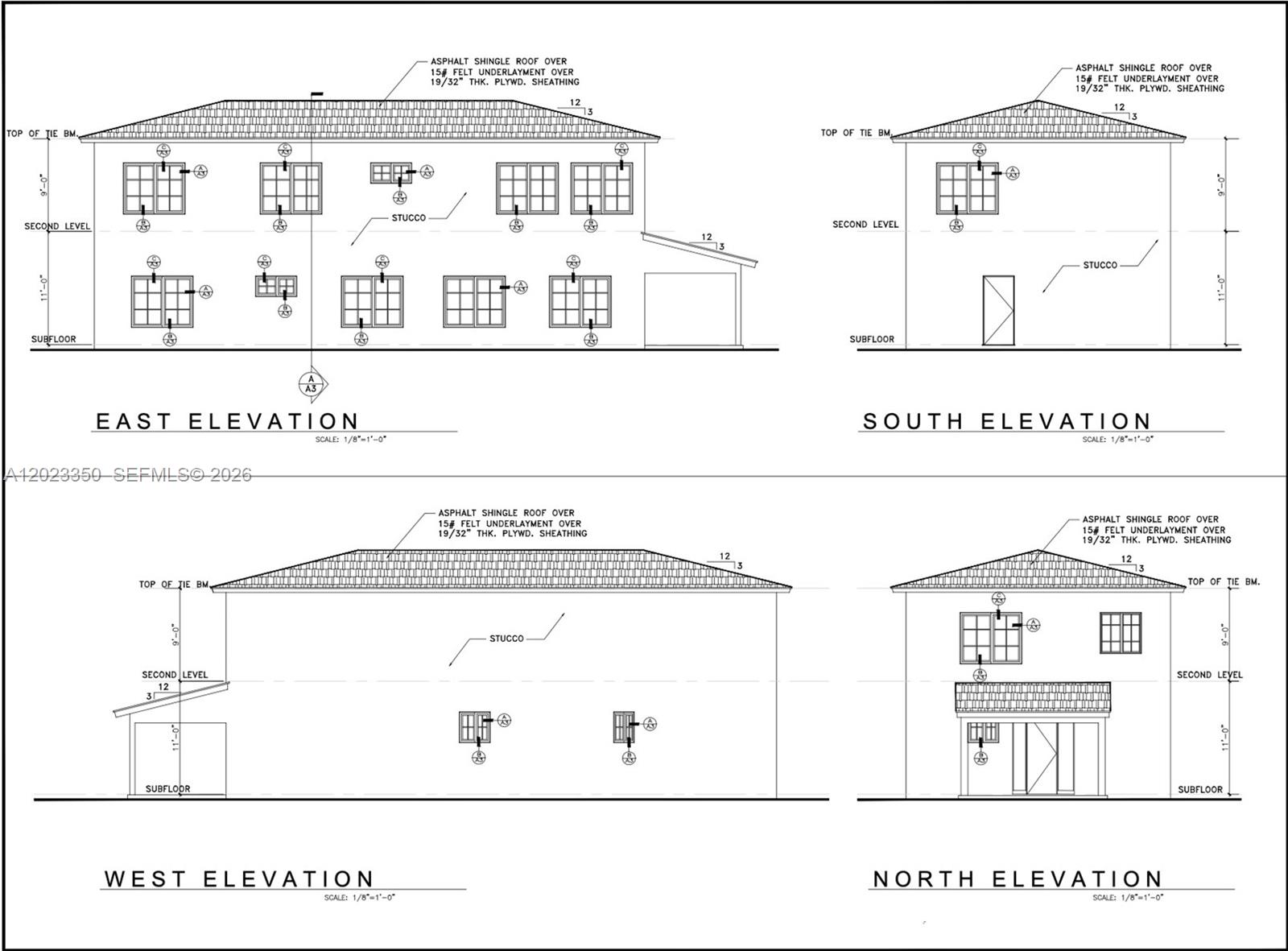 This architectural rendering shows the four exterior elevations of a two-story stucco home — 184 ST SW 102 PL, Miami FL 33157, MIAMI, FL