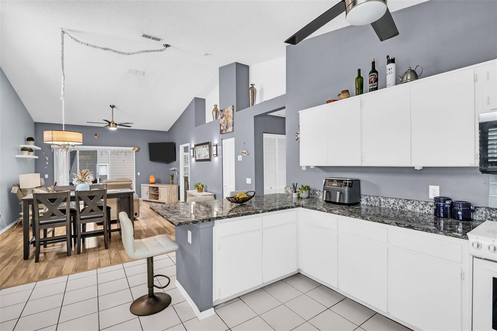 A kitchen with white cabinets and granite countertops overlooks an open-concept dining and living area — 3067 POINTER DRIVE, PALM HARBOR, FL