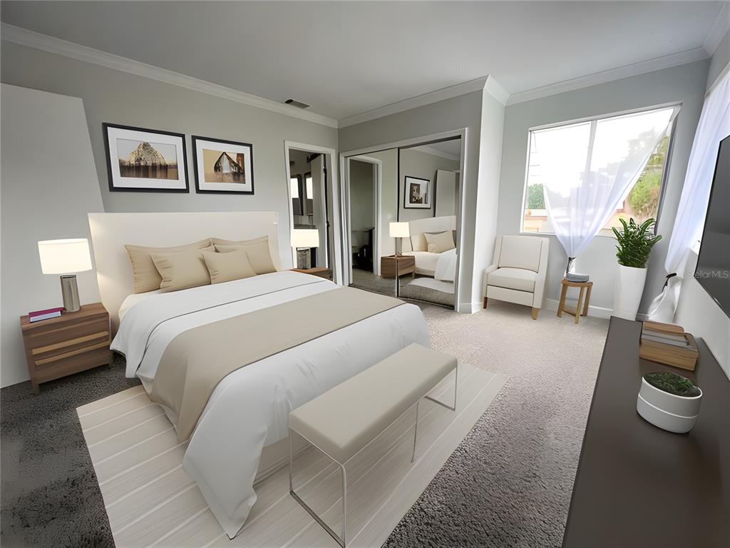 A bedroom features a bed with a white headboard, mirrored closet doors, and a window — 1040 WAVERLY DRIVE, LONGWOOD, FL