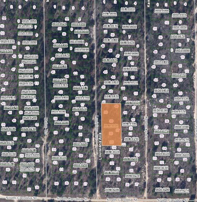 This is a map showing a highlighted parcel of land among many subdivided lots — 00 LOUISSIANA AVENUE, HAWTHORNE, FL