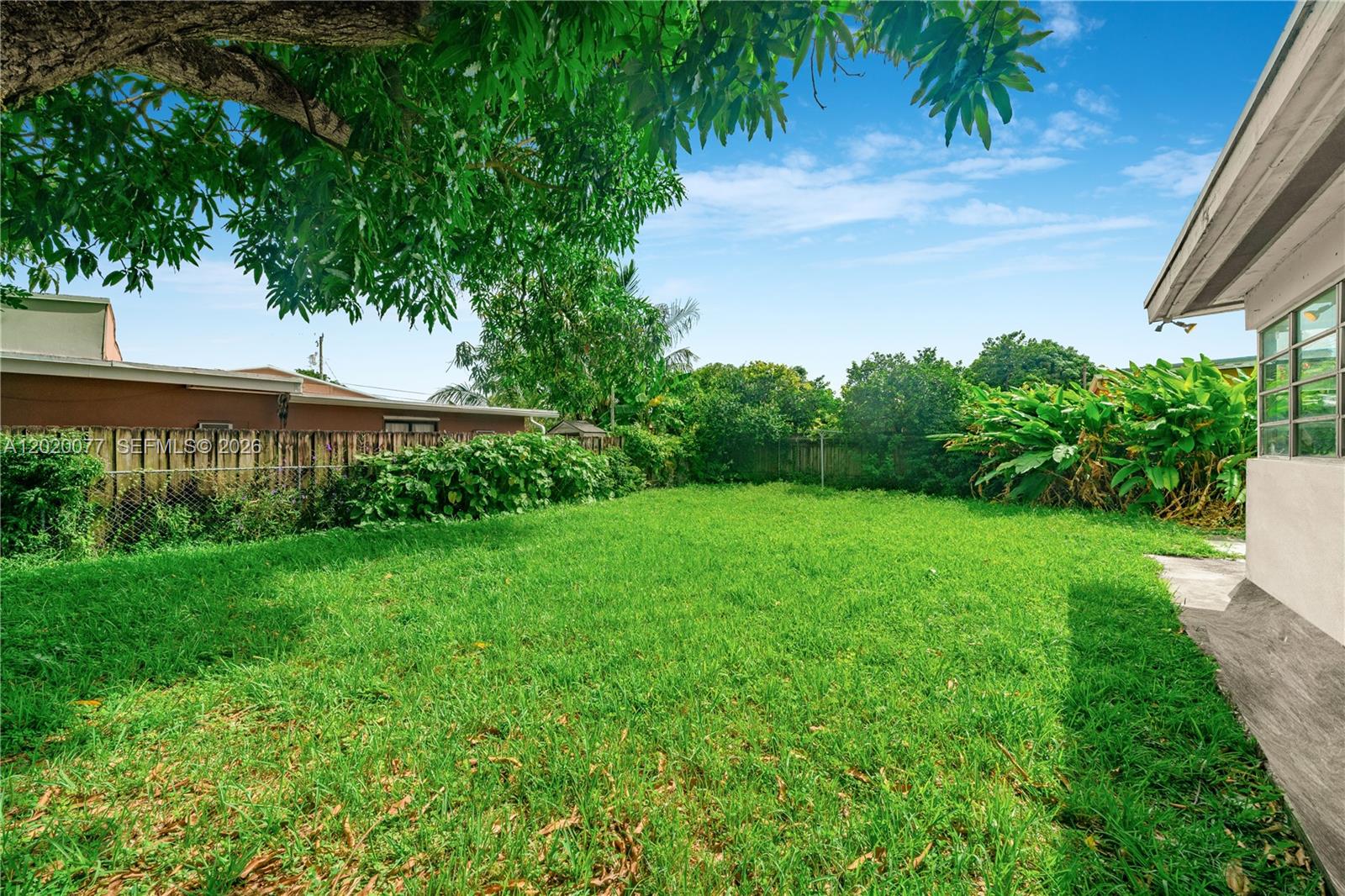 A grassy backyard features a chain-link fence, lush green foliage, and a large tree — 3271 NW 18th Ter, Miami FL 33125, MIAMI, FL