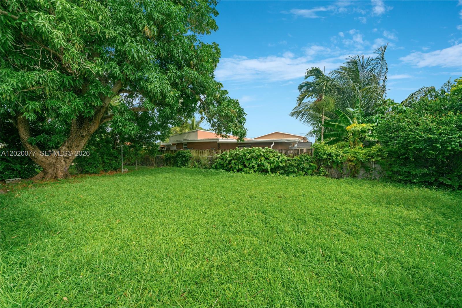 A large grassy backyard features a mature tree and a fence bordering neighboring houses — 3271 NW 18th Ter, Miami FL 33125, MIAMI, FL