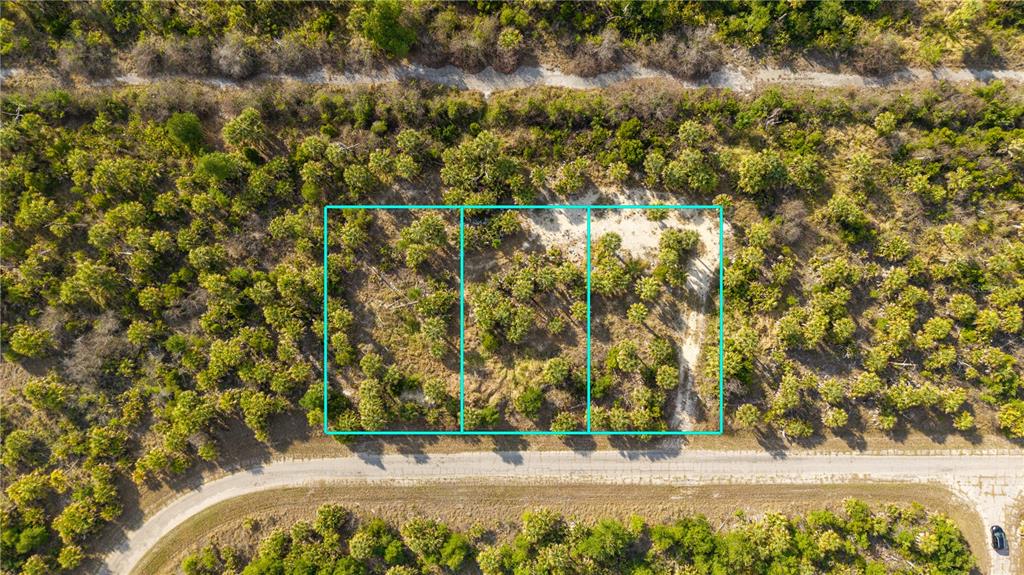 An aerial view shows three adjacent rectangular plots of land bordered by a paved road — 8607 FIREGLOW CIRCLE, NORTH PORT, FL