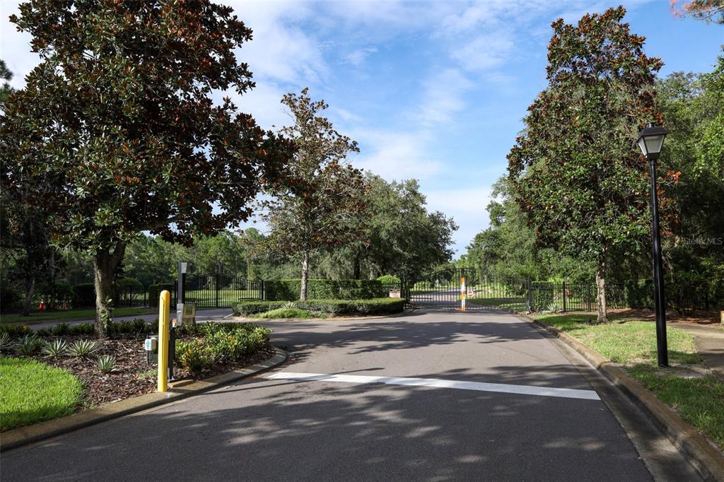 A paved road leads to a gated entrance surrounded by mature trees and landscaping — 11712 RAMBLING OAK BOULEVARD, ORLANDO, FL