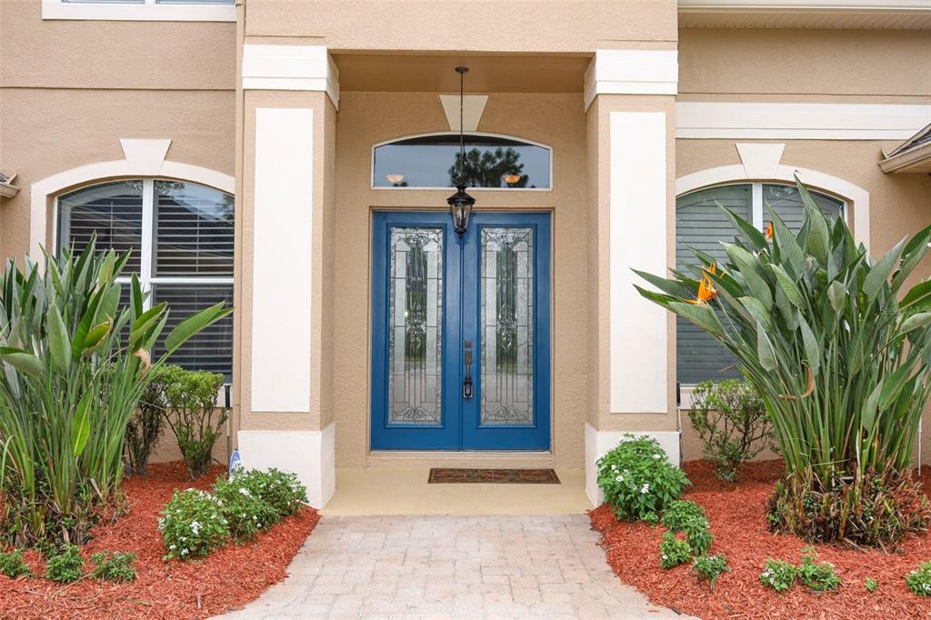 A blue double front door with glass inserts sits between two large potted plants — 11712 RAMBLING OAK BOULEVARD, ORLANDO, FL