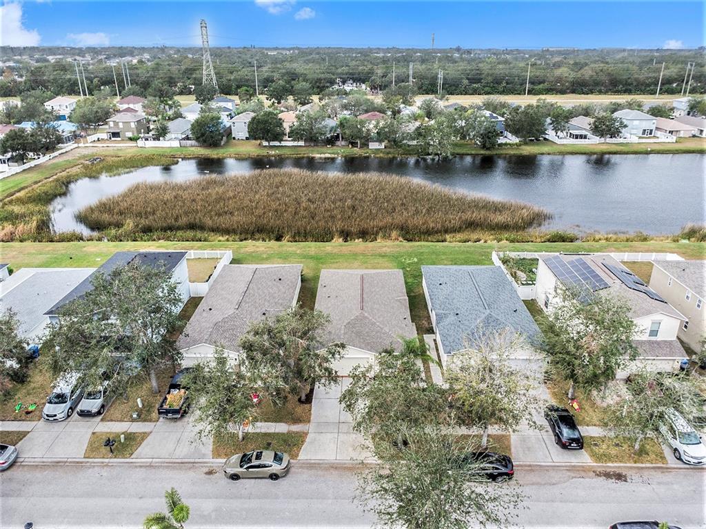 An aerial view shows a row of suburban houses facing a pond with marshy vegetation — 7833 CARRIAGE POINTE DRIVE, GIBSONTON, FL