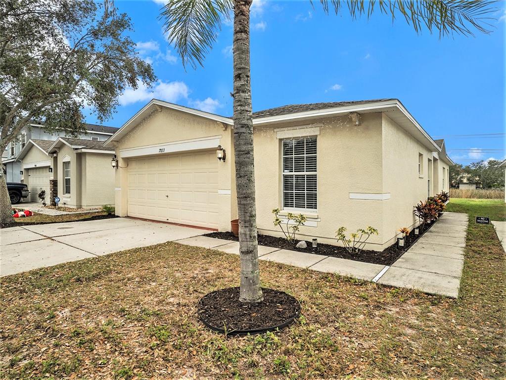 A single-story tan house with a two-car garage and a palm tree in the front — 7833 CARRIAGE POINTE DRIVE, GIBSONTON, FL