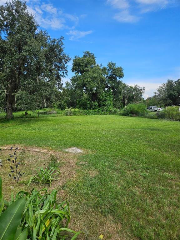 A large, grassy backyard features mature trees and a partial view of a white truck — 425 ORANGE BOULEVARD, POLK CITY, FL