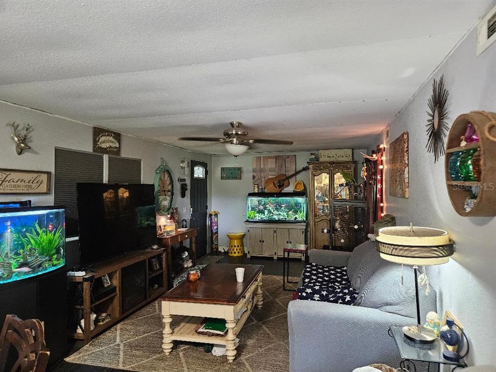 A living room features a television, two fish tanks, a coffee table, and a sofa — 425 ORANGE BOULEVARD, POLK CITY, FL