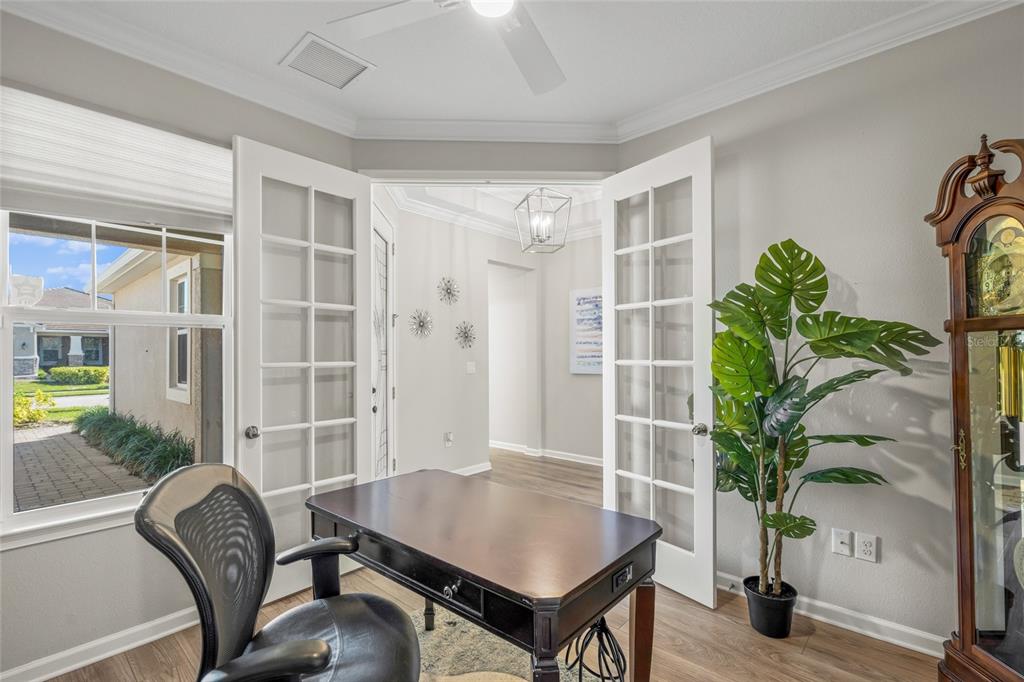A home office features a dark wood desk, French doors, and a tall potted plant — 8681 RAIN SONG ROAD, SARASOTA, FL