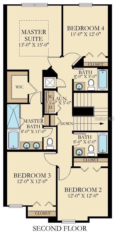 This is a floor plan for a second-floor layout featuring four bedrooms and three bathrooms — 2921 SENTENCE STREET, KISSIMMEE, FL