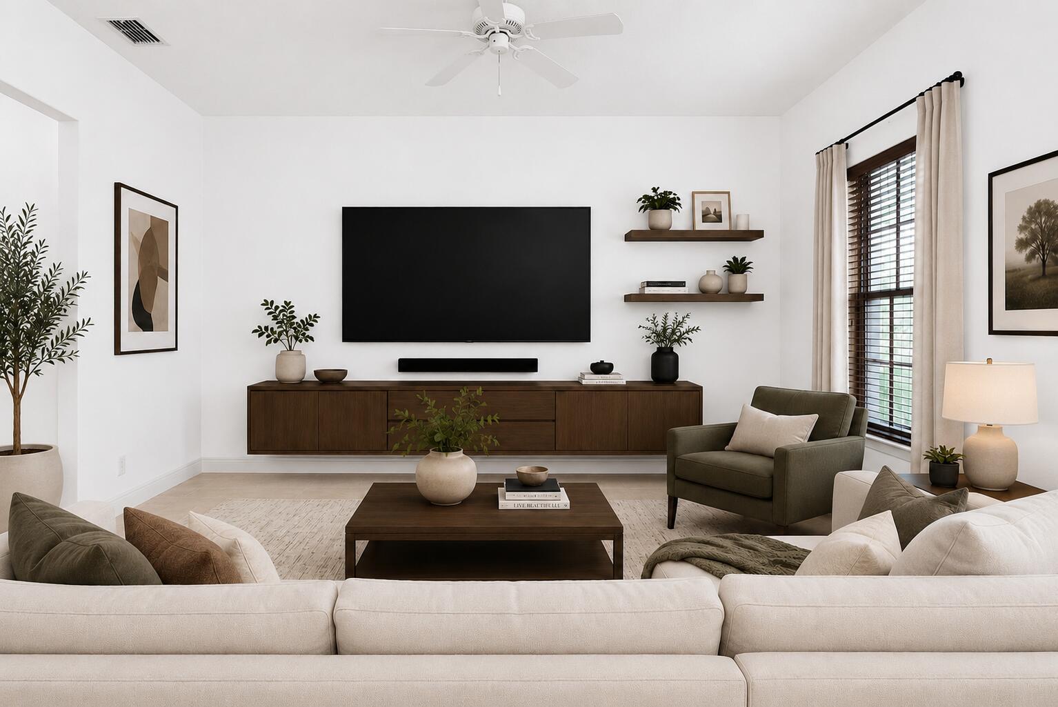 A living room features a wall-mounted wooden media console, a large television, and neutral furniture — 8221 NW 8th Way, Boca Raton FL 33487, BOCA RATON, FL