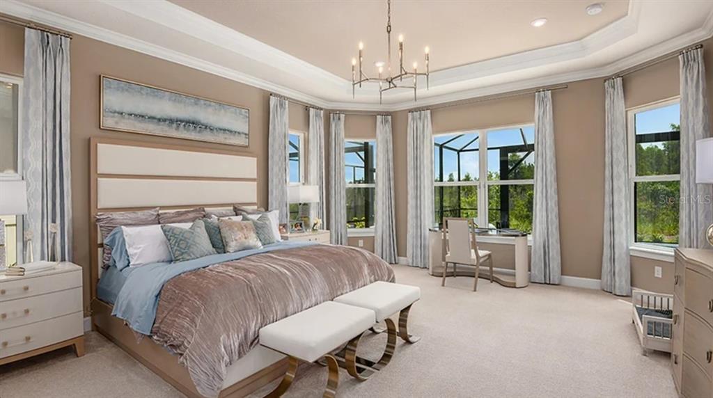 A spacious bedroom features a tray ceiling, a chandelier, and large windows with outdoor views — 29680 IMPERATI BOULEVARD, WESLEY CHAPEL, FL
