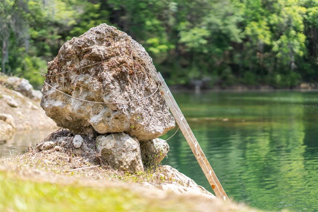 A large, textured rock sits near the edge of a calm, green lake — 9986 E NEW HOPE COURT, FLORAL CITY, FL