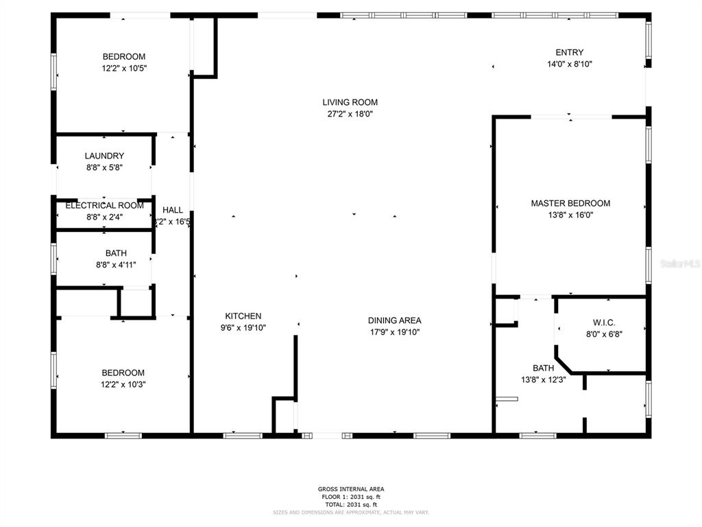 This is a floor plan showing the layout of a house with three bedrooms and two bathrooms — 9986 E NEW HOPE COURT, FLORAL CITY, FL