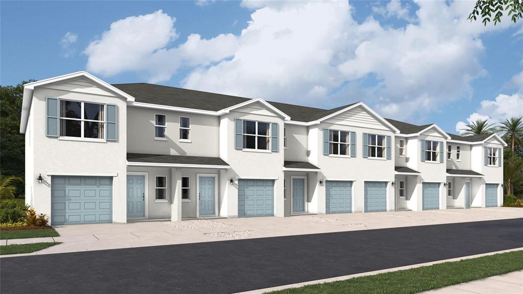 This is a digital rendering of a row of multi-story townhomes with attached garages — 4602 STARGAZER COURT, PALM HARBOR, FL
