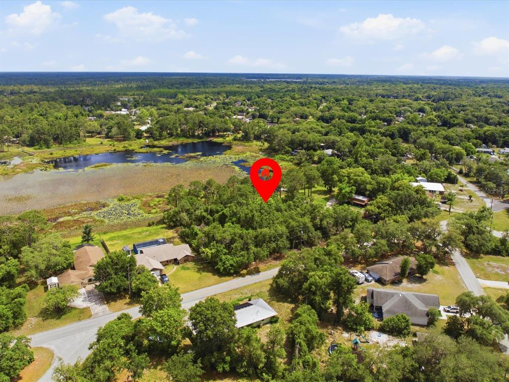 An aerial view shows a wooded residential lot marked with a red pin near water — W LAKE DRIVE, DELAND, FL
