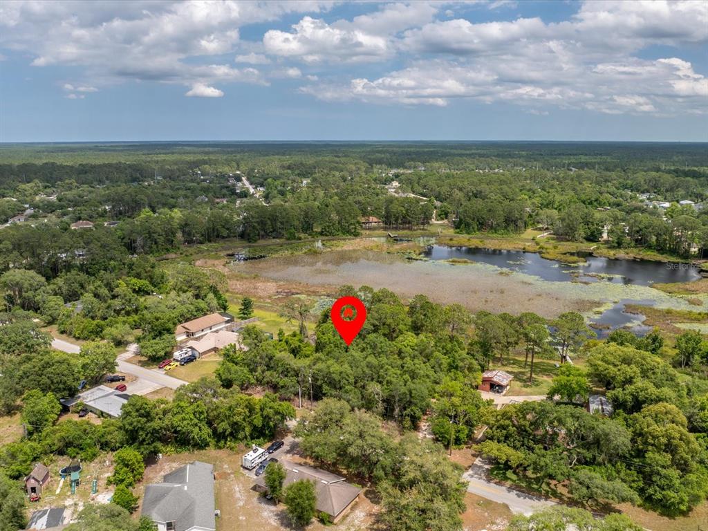 An aerial view shows a wooded lot marked with a red pin near a lake — W LAKE DRIVE, DELAND, FL