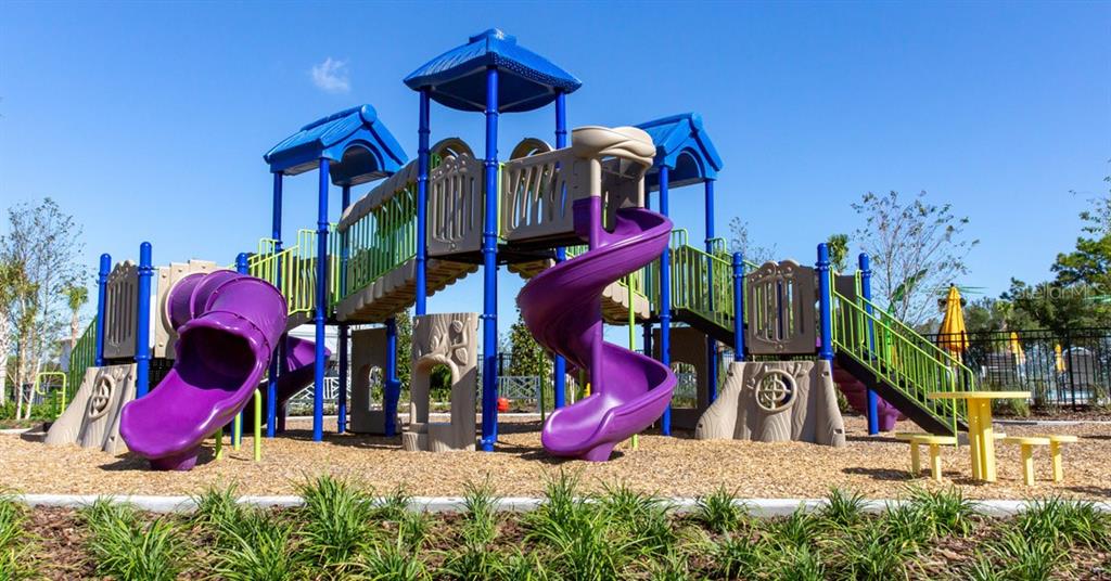 A colorful outdoor playground structure with two purple slides sits on a wood-chipped surface — 33165 HAPPY HEART DRIVE, WESLEY CHAPEL, FL