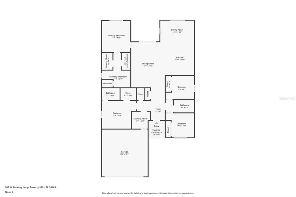 This is a floor plan of a single-story house with a garage and multiple bedrooms — 162 W ROMANY LOOP, BEVERLY HILLS, FL