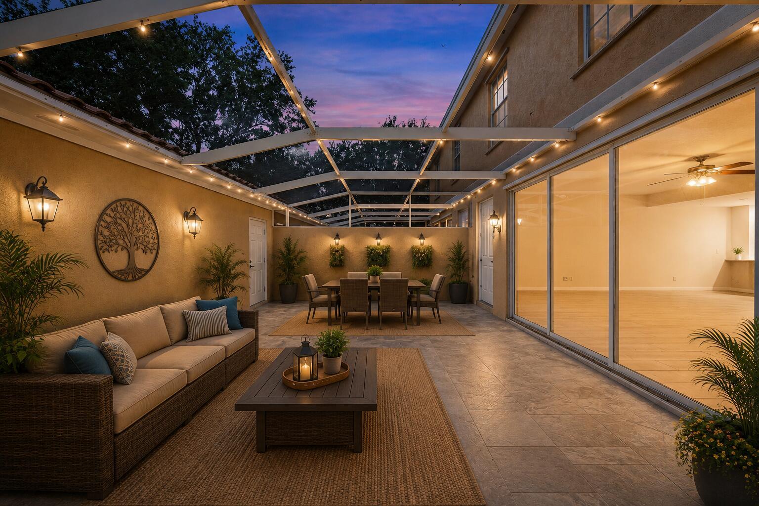 A covered outdoor patio features a seating area, dining set, and tile flooring at dusk — 1856 Jeaga Drive, Jupiter FL 33458, JUPITER, FL